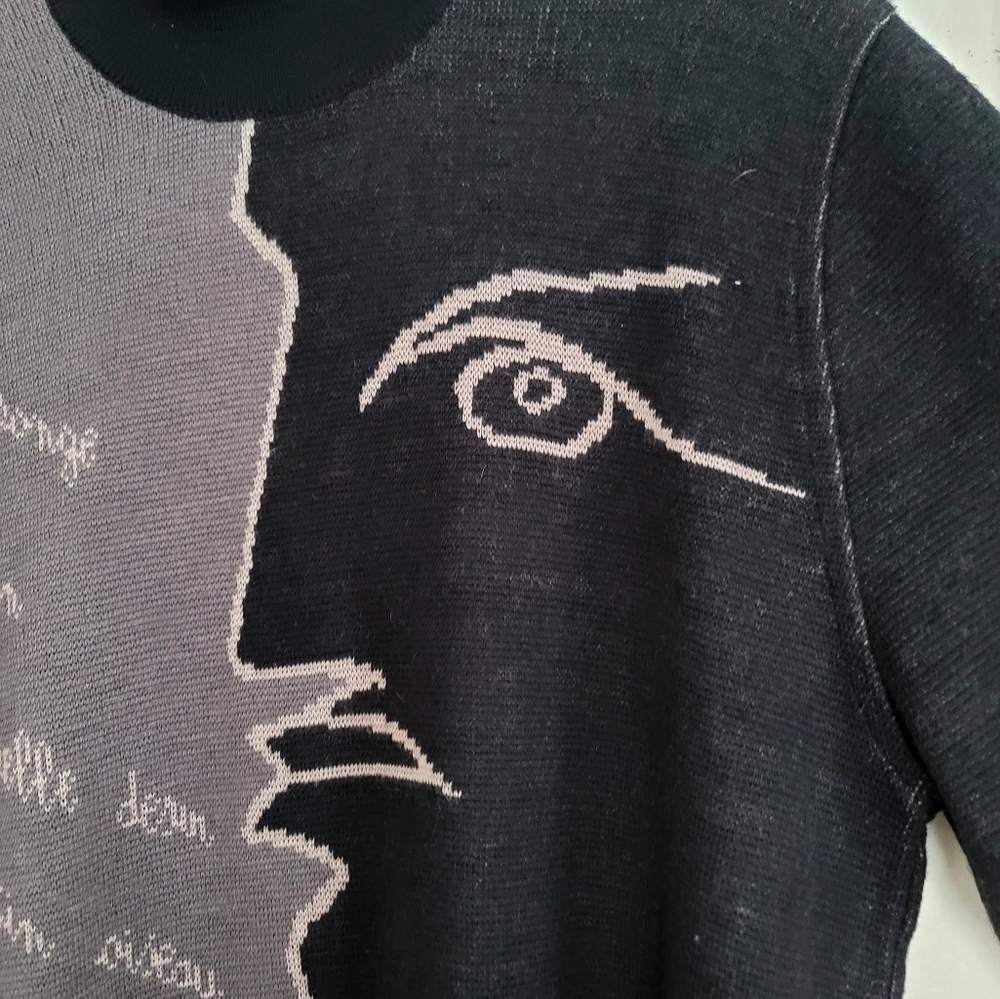 Vtg Rodier Black Gray Mock Neck Graphic Wool Blend Tunic Sweater Size Large - Picture 5 of 13